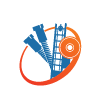 Abstract blue fish logo with orange circular swoosh