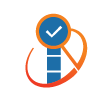 Checkmark over blue bar chart and orange analytics circle