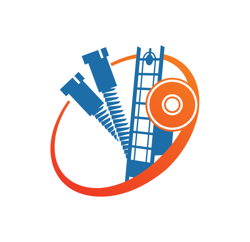 Abstract blue industrial shapes with orange circular ring