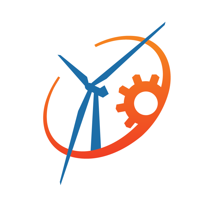 Blue wind turbine over orange gear and circular arrow
