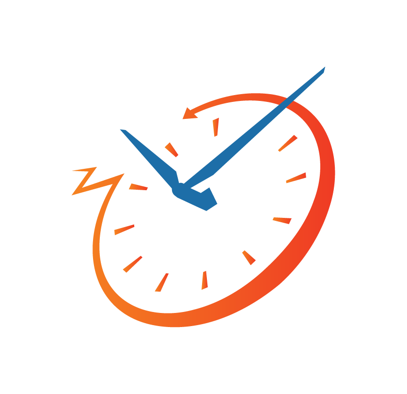 Blue hands on a stylized orange clock face