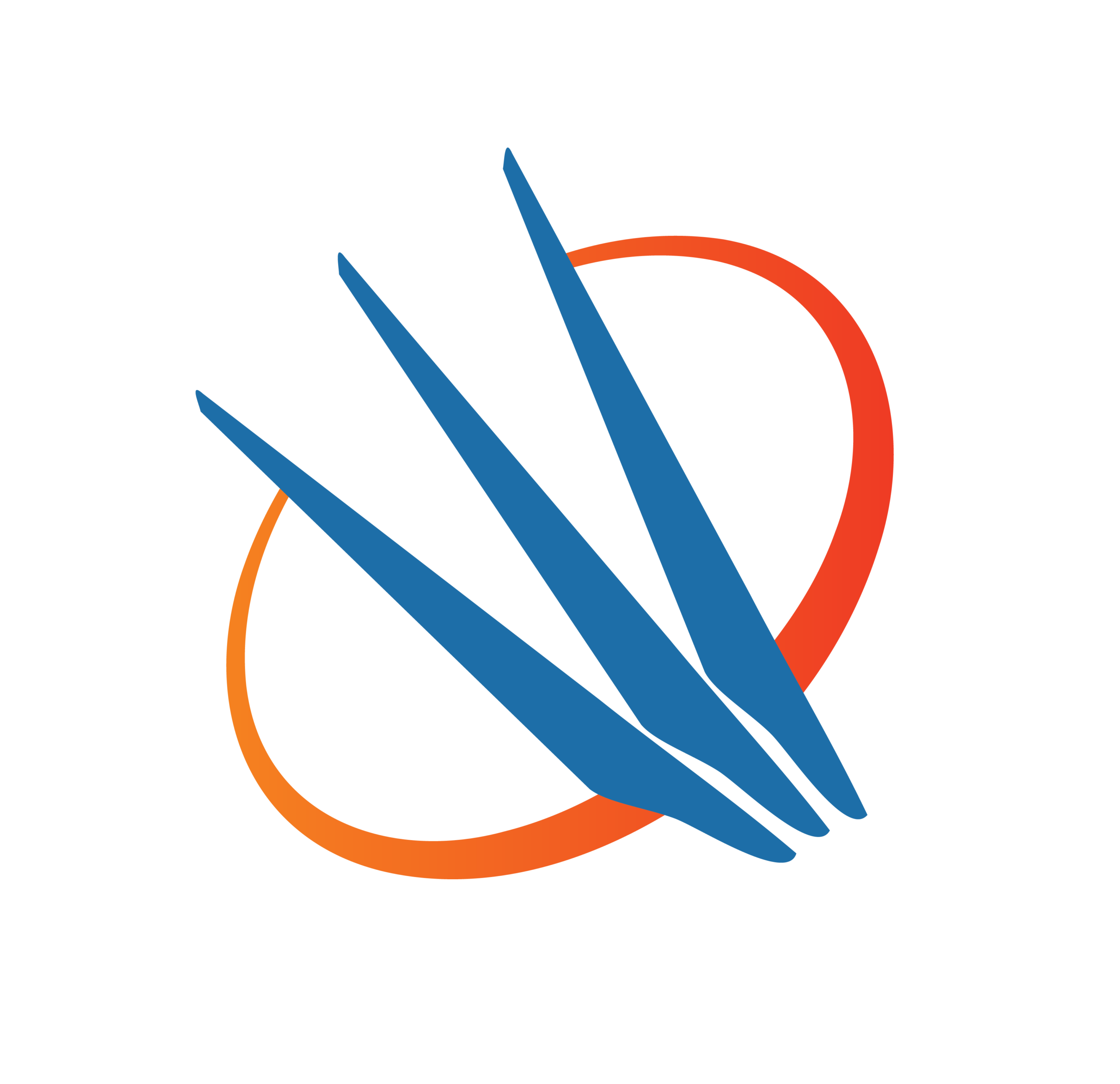 Blue ribbon-like lines crossing an orange circular swoosh